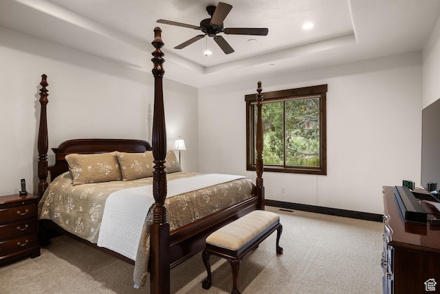 1765 E Kings Peak Cir Unit Cp-21, Heber City, UT 84032 - bedroom with carpet floors, a tray ceiling, baseboards, recessed lighting, and ceiling fan
