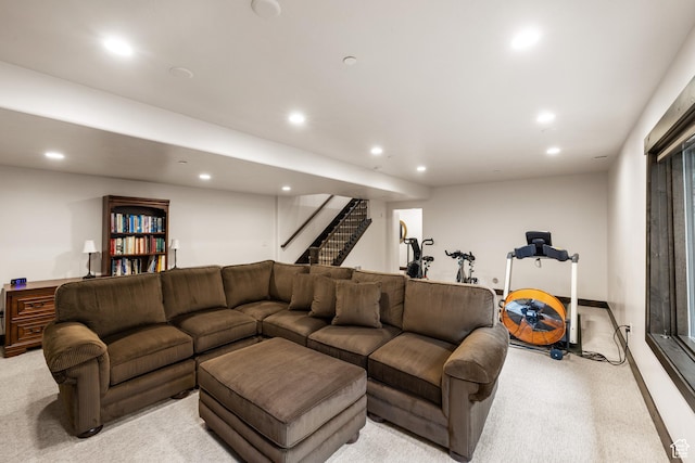 1765 E Kings Peak Cir Unit Cp-21, Heber City, UT 84032 - living room featuring light carpet, recessed lighting, and stairs