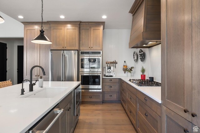 13200 N Alexis Dr, Heber City, UT 84032 - kitchen featuring premium range hood, appliances with stainless steel finishes, a sink, light countertops, and light wood finished floors