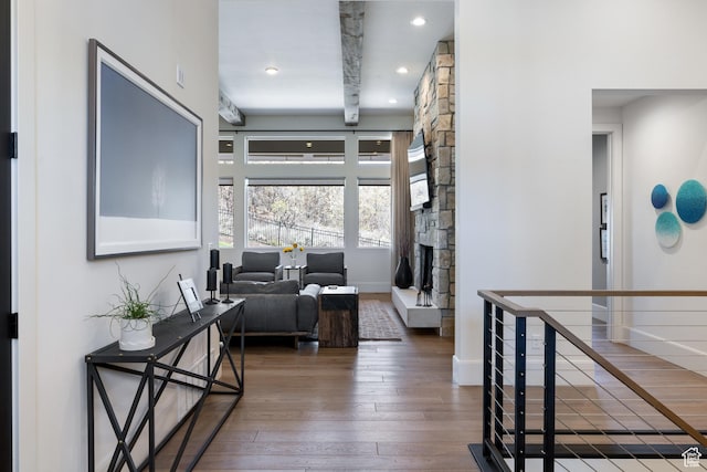 13200 N Alexis Dr, Heber City, UT 84032 - living area featuring hardwood / wood-style floors, baseboards, a stone fireplace, and recessed lighting