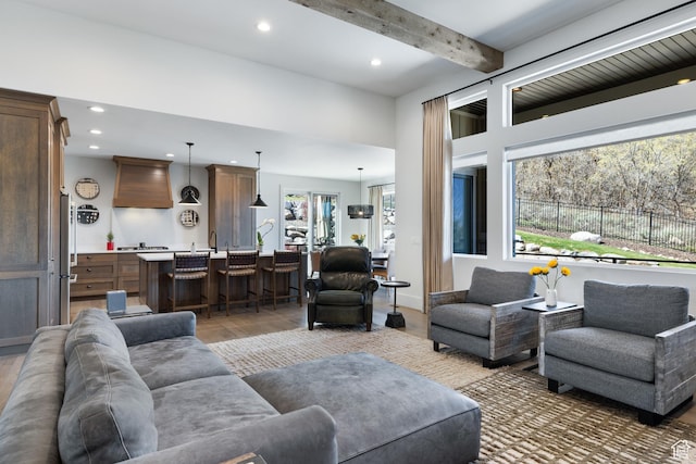13200 N Alexis Dr, Heber City, UT 84032 - living room with light wood-style floors, recessed lighting, and beam ceiling