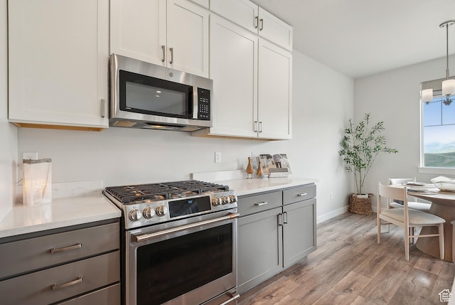 5991 Westridge Rd, Heber City, UT 84032 - kitchen with appliances with stainless steel finishes, gray cabinetry, light wood finished floors, baseboards, and pendant lighting