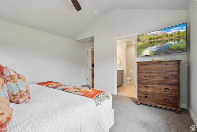 5991 Westridge Rd, Heber City, UT 84032 - bedroom featuring lofted ceiling, light carpet, ensuite bathroom, ceiling fan, and baseboards