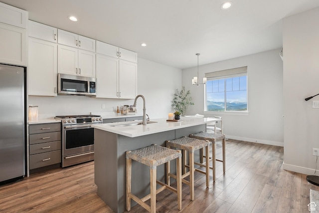5991 Westridge Rd, Heber City, UT 84032 - kitchen with appliances with stainless steel finishes, a sink, wood finished floors, a kitchen breakfast bar, and light countertops