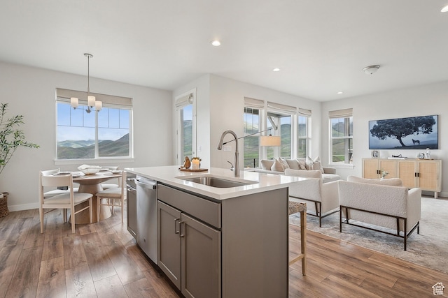 5991 Westridge Rd, Heber City, UT 84032 - kitchen with a sink, gray cabinets, wood finished floors, plenty of natural light, and recessed lighting