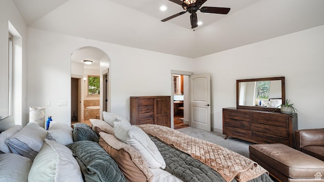 740 S Oak Dr, Woodland Hills, UT 84653 - bedroom featuring arched walkways, multiple windows, light carpet, and ensuite bath