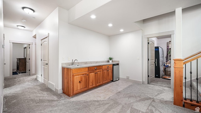 740 S Oak Dr, Woodland Hills, UT 84653 - bar featuring light carpet, a sink, stairway, baseboards, and recessed lighting