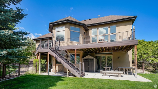 740 S Oak Dr, Woodland Hills, UT 84653 - back of property featuring a patio area, stucco siding, roof with shingles, and stairway