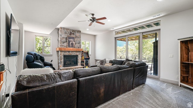 740 S Oak Dr, Woodland Hills, UT 84653 - carpeted living room with ceiling fan, a stone fireplace, baseboards, and recessed lighting