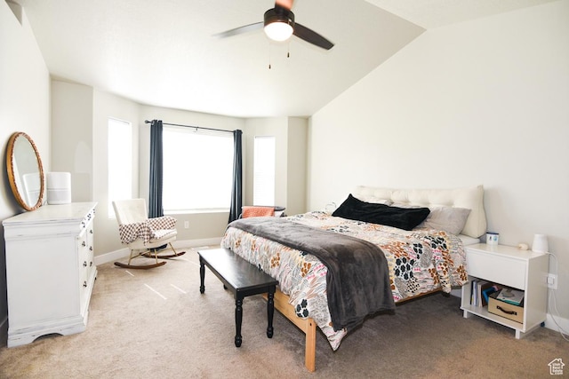 581 W 2030 N Unit 19A, Tooele, UT 84074 - bedroom featuring light carpet, baseboards, lofted ceiling, and ceiling fan