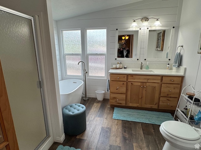 46 Alder Ct Unit 638, Fish Haven, ID 83287 - full bath with wood finished floors, lofted ceiling, a shower stall, vanity, and a freestanding bath