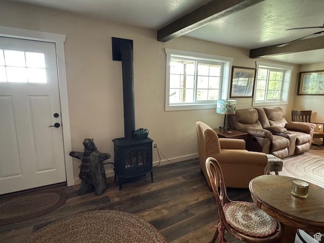 46 Alder Ct Unit 638, Fish Haven, ID 83287 - living area featuring a wood stove, dark wood-style floors, beam ceiling, and baseboards