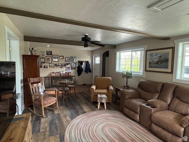 46 Alder Ct Unit 638, Fish Haven, ID 83287 - living area with dark wood finished floors, a textured ceiling, beamed ceiling, healthy amount of natural light, and a ceiling fan