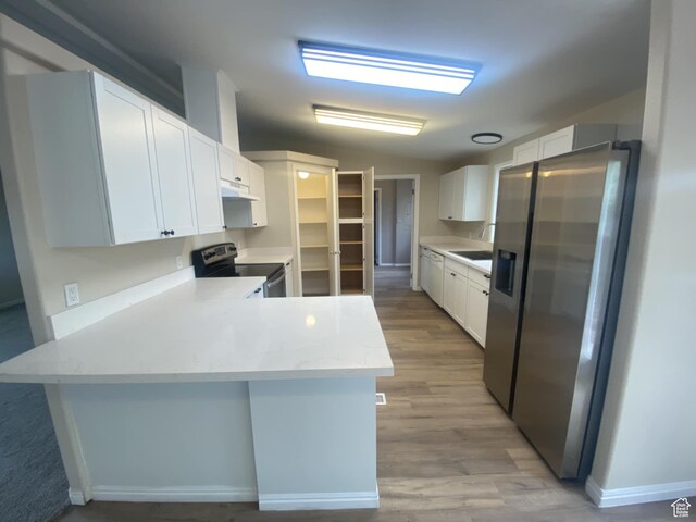 43 E 300 N, Duchesne, UT 84021 - kitchen with stainless steel appliances, a sink, a peninsula, white cabinetry, and under cabinet range hood