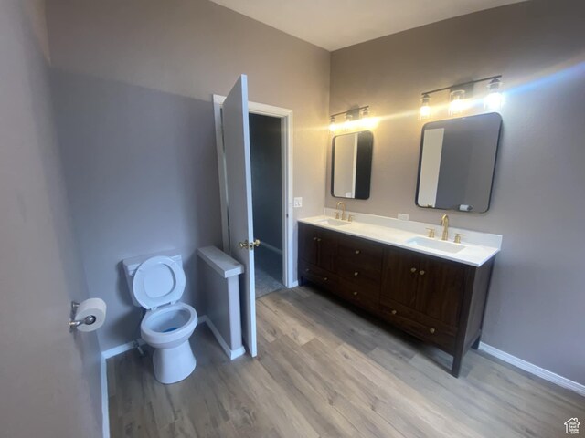 43 E 300 N, Duchesne, UT 84021 - bathroom featuring wood finished floors, double vanity, baseboards, and toilet