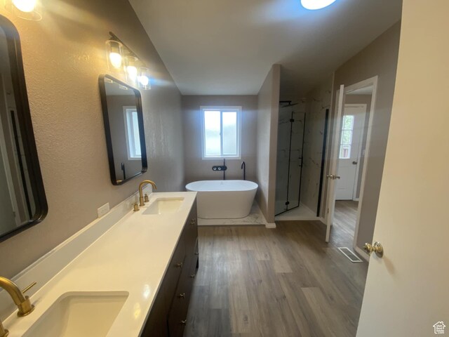 43 E 300 N, Duchesne, UT 84021 - bathroom with wood finished floors, a freestanding tub, a shower stall, and double vanity