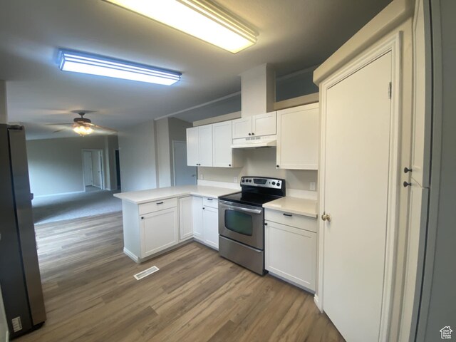 43 E 300 N, Duchesne, UT 84021 - kitchen featuring stainless steel appliances, under cabinet range hood, a peninsula, white cabinets, and dark wood-type flooring