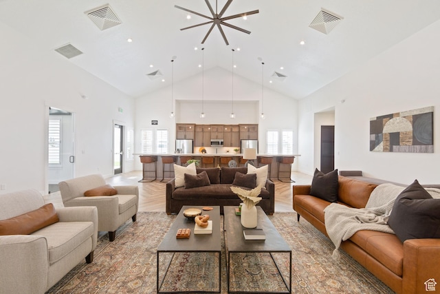 3564 W Haven Hollow Dr S, South Jordan, UT 84095 - living room featuring high vaulted ceiling, plenty of natural light, recessed lighting, and light wood-type flooring