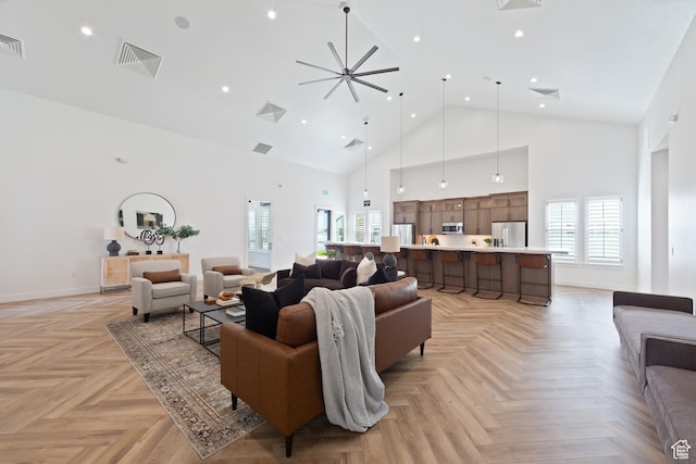3564 W Haven Hollow Dr S, South Jordan, UT 84095 - living room featuring high vaulted ceiling, baseboards, recessed lighting, and a ceiling fan