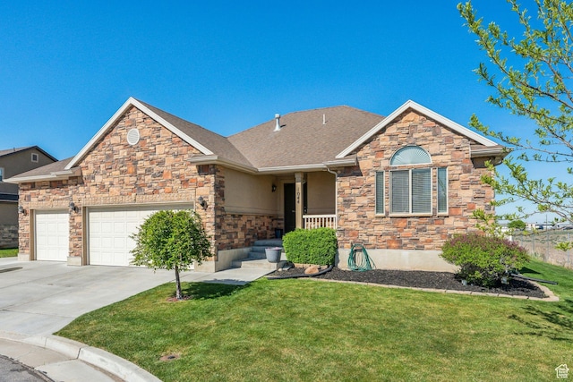 1044 S 1775 W, Syracuse, UT 84075 - view of front of home with stone siding, a front yard, concrete driveway, an attached garage, and stucco siding