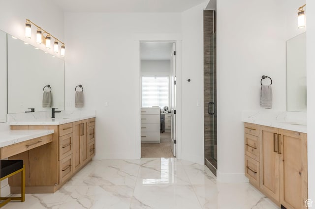 717 N Bridal Creek Ln E, Heber City, UT 84032 - bathroom featuring marble finish floors, a stall shower, and vanity