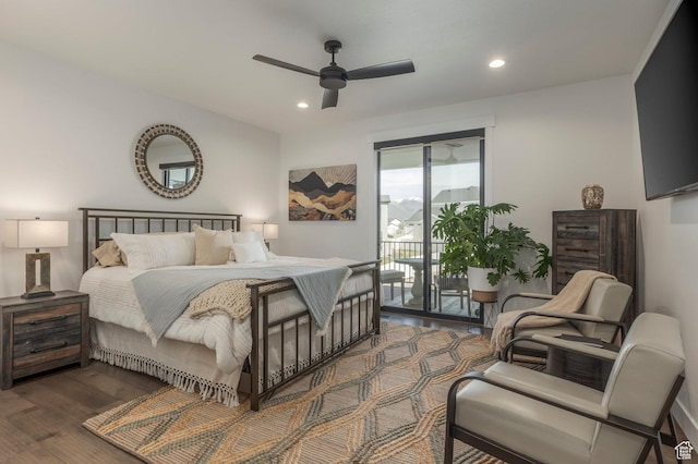717 N Bridal Creek Ln E, Heber City, UT 84032 - bedroom with access to outside, wood finished floors, recessed lighting, and a ceiling fan