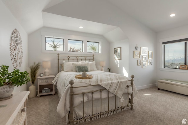 717 N Bridal Creek Ln E, Heber City, UT 84032 - bedroom featuring vaulted ceiling, light carpet, recessed lighting, and baseboards