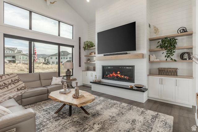 717 N Bridal Creek Ln E, Heber City, UT 84032 - living room with high vaulted ceiling, a large fireplace, dark wood finished floors, and recessed lighting