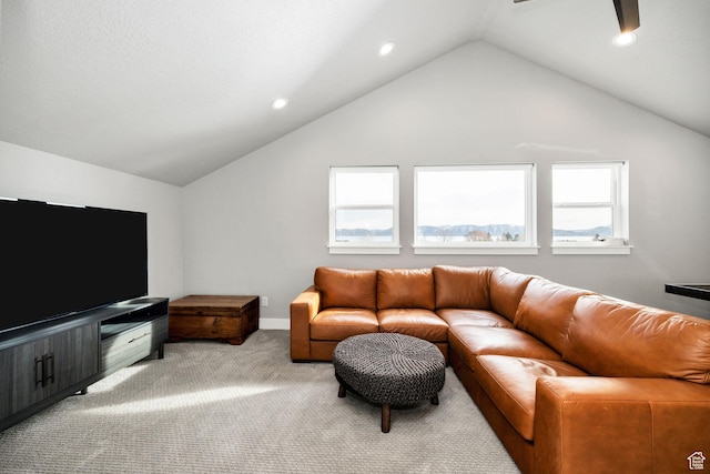 660 N Lochwood Dr # 69, Garden City, UT 84028 - carpeted living room with vaulted ceiling, recessed lighting, ceiling fan, and baseboards