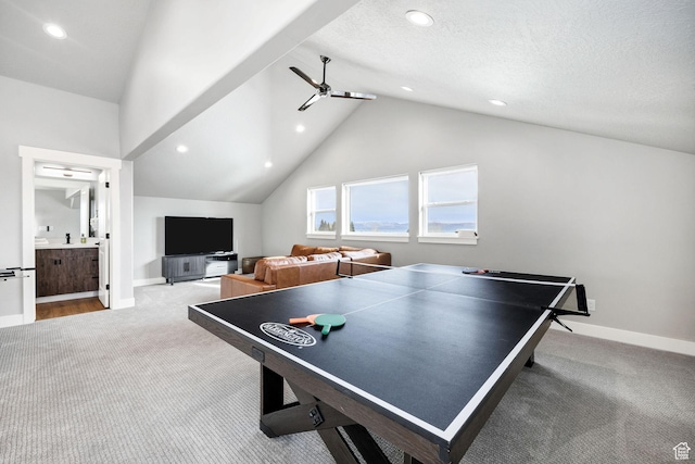 660 N Lochwood Dr # 69, Garden City, UT 84028 - recreation room with carpet floors, a ceiling fan, recessed lighting, baseboards, and vaulted ceiling
