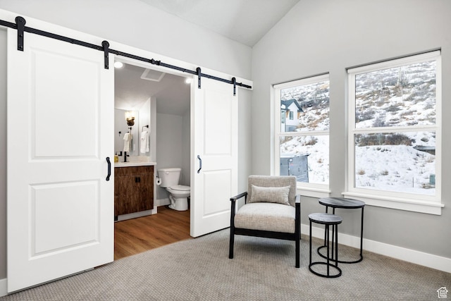 660 N Lochwood Dr # 69, Garden City, UT 84028 - sitting room with a barn door, lofted ceiling, carpet, and baseboards