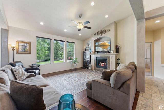 7538 S 1740 E, South Weber, UT 84405 - living area featuring ceiling fan, a high end fireplace, recessed lighting, and lofted ceiling