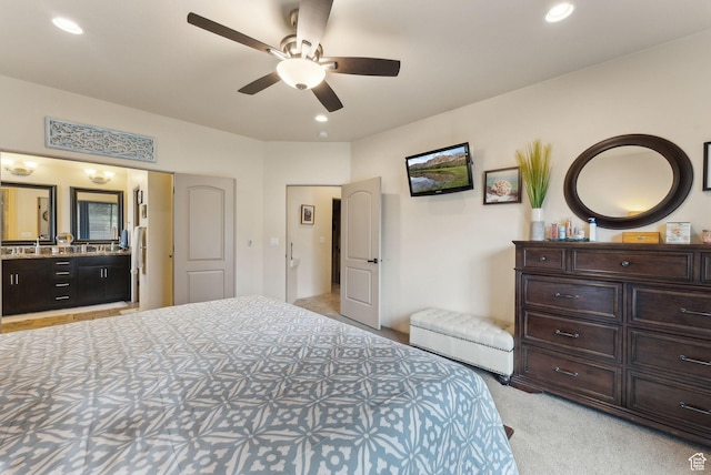 7538 S 1740 E, South Weber, UT 84405 - bedroom with light colored carpet, recessed lighting, ensuite bath, and a ceiling fan