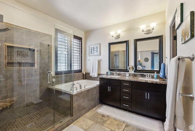 7538 S 1740 E, South Weber, UT 84405 - full bath featuring a bath, a shower stall, double vanity, and stone tile floors