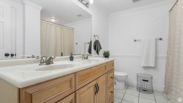 5557 W 13680 S, Herriman, UT 84096 - bathroom with toilet, crown molding, tile patterned flooring, double vanity, and a shower with shower curtain