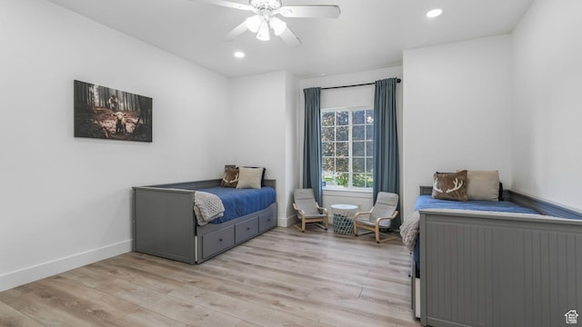 5557 W 13680 S, Herriman, UT 84096 - bedroom with light wood-style flooring, baseboards, recessed lighting, and a ceiling fan