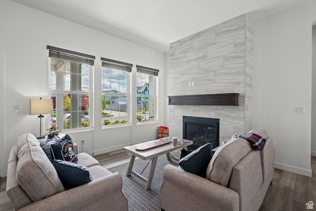 11242 S Willow Dr, South Jordan, UT 84009 - living room featuring baseboards, a tiled fireplace, and wood finished floors