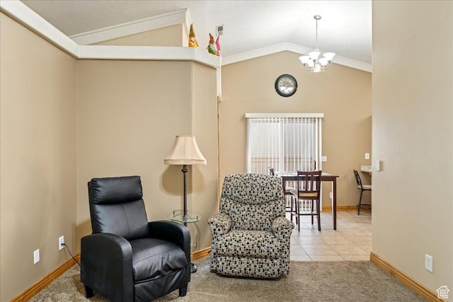 1040 N 1300th St Unit 52, St George, UT 84770 - sitting room featuring lofted ceiling, a chandelier, baseboards, carpet flooring, and tile patterned floors