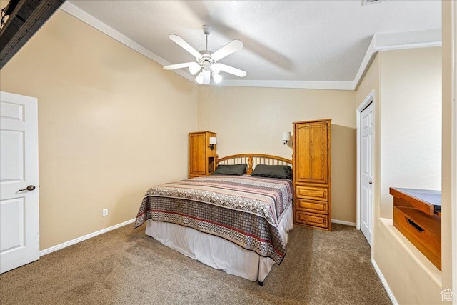 1040 N 1300th St Unit 52, St George, UT 84770 - bedroom featuring ornamental molding, carpet flooring, vaulted ceiling, ceiling fan, and baseboards