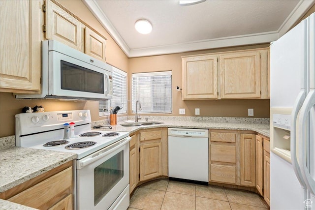 1040 N 1300th St Unit 52, St George, UT 84770 - kitchen with white appliances, light brown cabinets, a sink, ornamental molding, and light tile patterned flooring