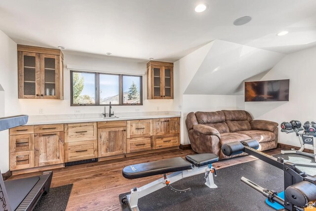 900 W Weber Canyon Rd, Oakley, UT 84055 - workout area featuring a sink, dark wood-type flooring, recessed lighting, and lofted ceiling