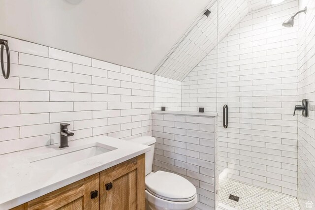 900 W Weber Canyon Rd, Oakley, UT 84055 - bathroom with tile walls, a stall shower, toilet, vanity, and vaulted ceiling