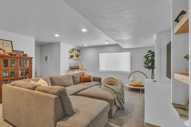 3791 W Soft Whisper Way, Herriman, UT 84096 - living room featuring a textured ceiling, recessed lighting, and light carpet