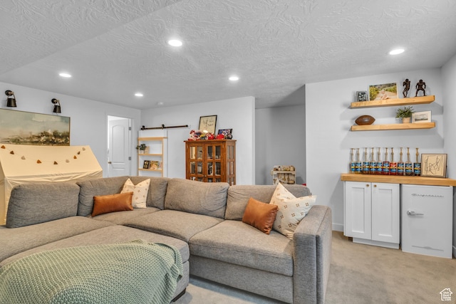 3791 W Soft Whisper Way, Herriman, UT 84096 - living room with recessed lighting, light carpet, and a textured ceiling