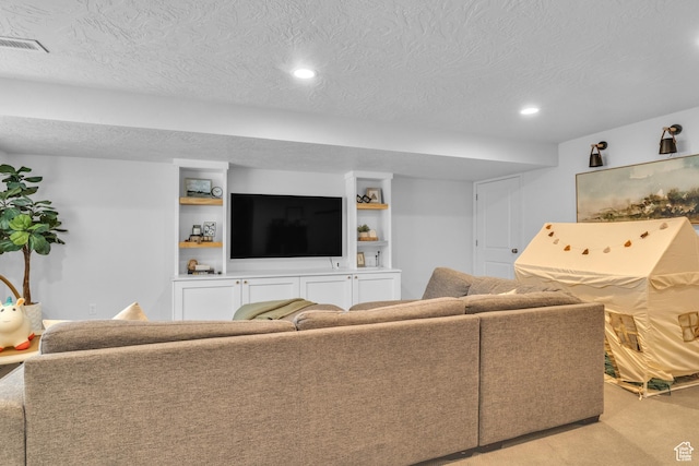 3791 W Soft Whisper Way, Herriman, UT 84096 - living area featuring a textured ceiling, light colored carpet, and recessed lighting
