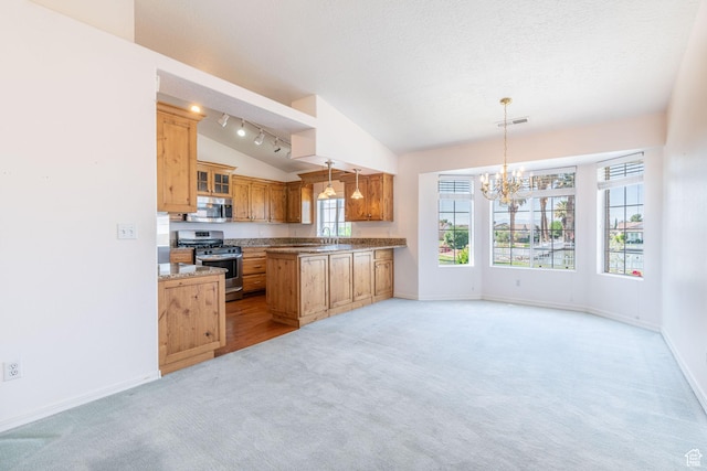 1055 E 900 S Unit 61, St George, UT 84790 - kitchen with appliances with stainless steel finishes, lofted ceiling, light carpet, a chandelier, and baseboards