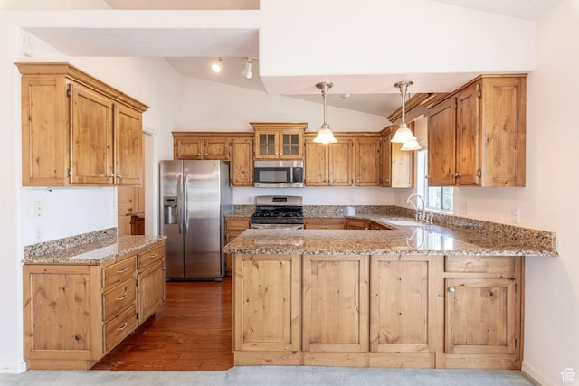 1055 E 900 S Unit 61, St George, UT 84790 - kitchen with appliances with stainless steel finishes, lofted ceiling, a sink, a peninsula, and dark wood-style floors