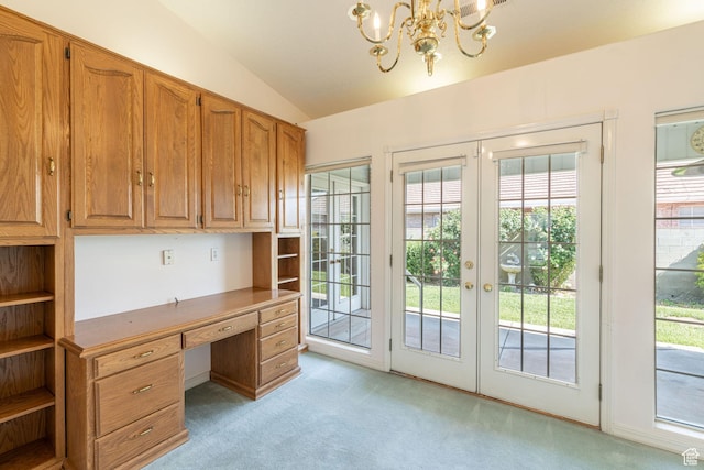 1055 E 900 S Unit 61, St George, UT 84790 - unfurnished office featuring light colored carpet, built in study area, vaulted ceiling, a chandelier, and french doors