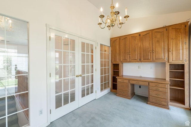 1055 E 900 S Unit 61, St George, UT 84790 - unfurnished office with a chandelier, french doors, light carpet, built in study area, and high vaulted ceiling