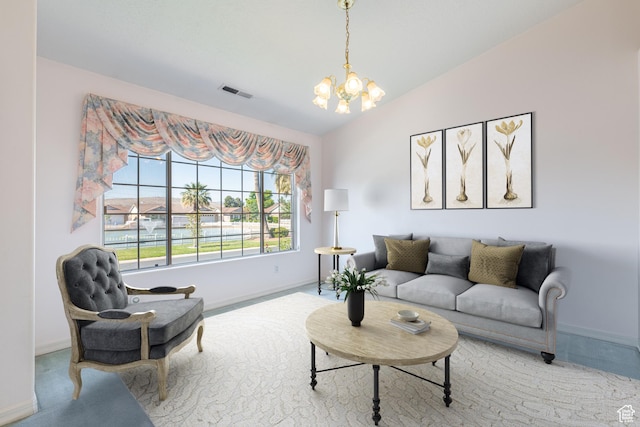 1055 E 900 S Unit 12, St George, UT 84790 - living area with a chandelier, baseboards, lofted ceiling, and carpet flooring